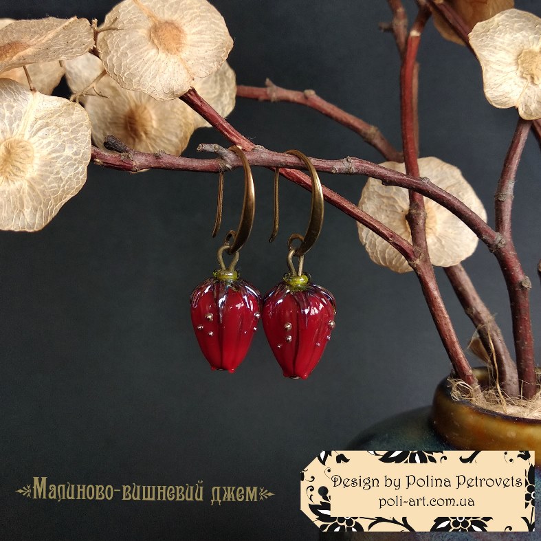 Сережки з лемпворку (муранське скло ручної роботи) "Малиново-вишневий Джем"