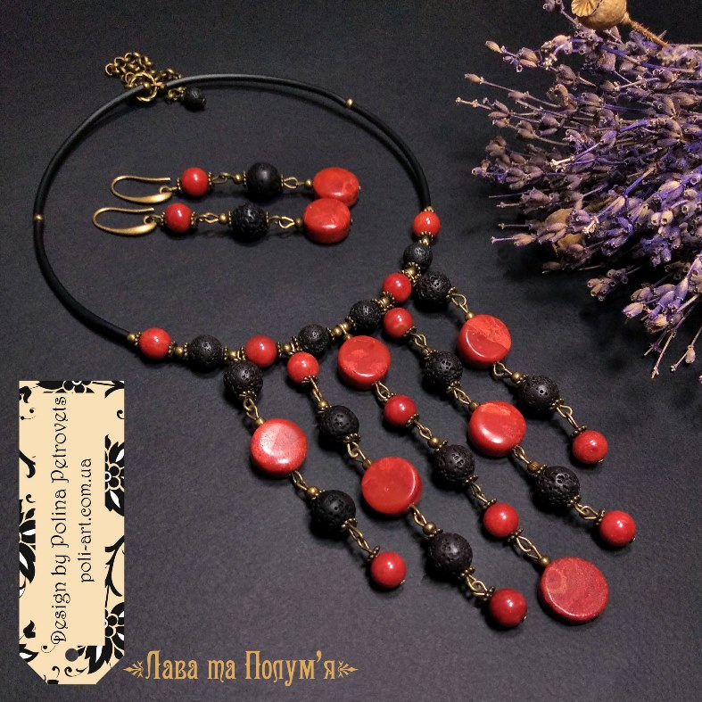 Комплект чокер і сережки з коралом та лавою "Лава та Полум'я"