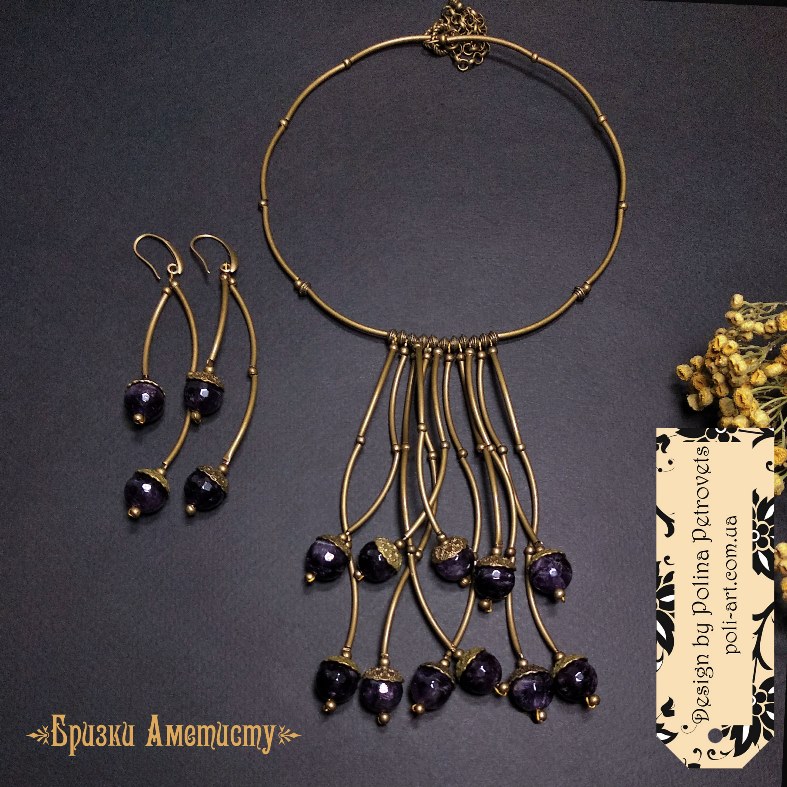 Комплект чокер і сережки з аметистом "Бризки Аметисту"