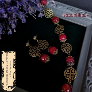 Комплект браслет і сережки з агатів "Соковиті ягоди"