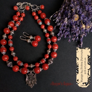 Комплект намисто і сережки з губчатого коралу і згардою "Полум'я Серця"