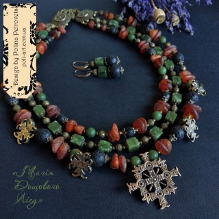 Комплект намисто і сережки з бурштину, нефриту та згардами "Магія Дощового Лісу"