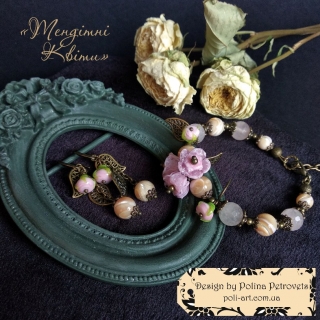 Комплект браслет і сережки з лемпворку, баламутів і кварцу "Тендітні Квіти"