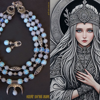 Комплект з намиста і сережок з аквамарину тонованого і місячного камня та підвісу "Оберіг Богині Мари"